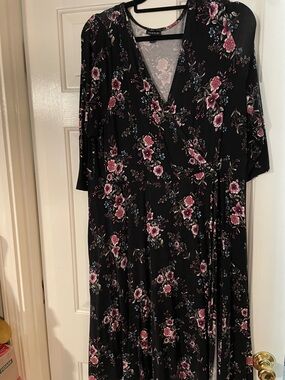 Torrid Black Floral Wrap Dress with Pink Blooms